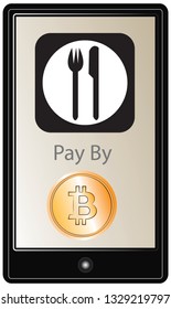 restaurant logo with bitcoin pay option on mobile phone - vector