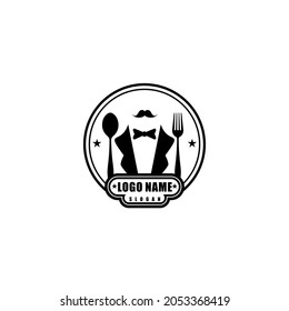 
restaurant logo with a black coat theme with spoon and fork combination