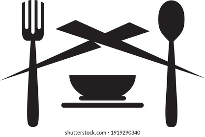 restaurant logo bowl, chopsticks and spoon on white background. Vector illustration