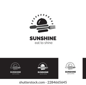 Restaurant logo with a bun, spoon, fork, and sun rays.