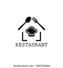 restaurant logo. chef hat cutlery silhouette illustration design forming a house