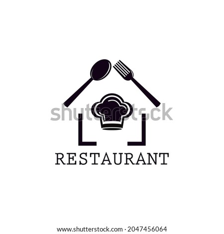 restaurant logo. chef hat cutlery silhouette illustration design forming a house