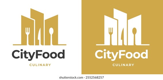 Logotipo do restaurante com silhueta do edifício da cidade e talheres para a ilustração do vetor da cozinha urbana