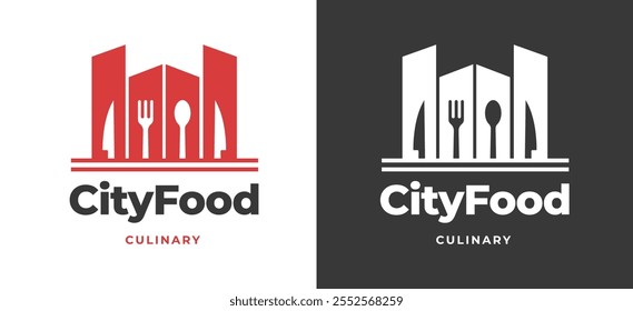 Logotipo do restaurante com silhueta do edifício da cidade e talheres para a ilustração do vetor da cozinha urbana