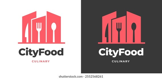 Logotipo del restaurante con la silueta y los cubiertos del edificio de la ciudad para la Ilustración vectorial de la cocina urbana