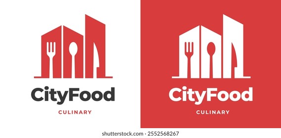 Logotipo del restaurante con la silueta y los cubiertos del edificio de la ciudad para la Ilustración vectorial de la cocina urbana