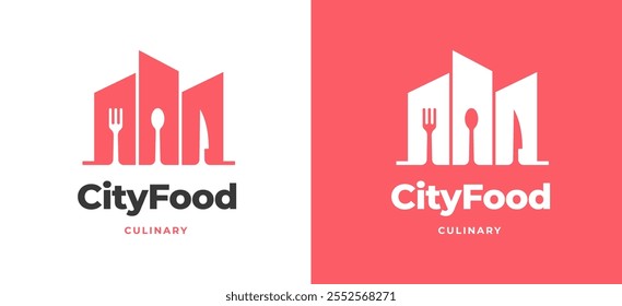 Logotipo del restaurante con la silueta y los cubiertos del edificio de la ciudad para la Ilustración vectorial de la cocina urbana