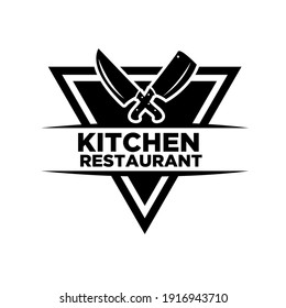 Restaurant logo concept butcher knife template vector object for logotype or badge Design. premium retro vintage style Knifes cross inside the triangle silhouette illustration isolated design.	