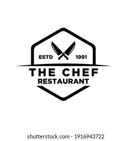 Restaurant logo concept butcher knife template vector object for logotype or badge Design. premium retro vintage style Knifes cross inside the triangle silhouette illustration isolated design.	