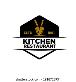 Restaurant logo concept butcher knife template vector object for logotype or badge Design. premium retro vintage style Knifes cross inside the triangle silhouette illustration isolated design.	