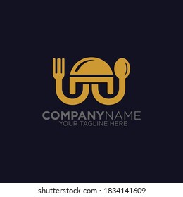 Concepto del logotipo del restaurante con iconos de mesa, cuchara y tenedor
