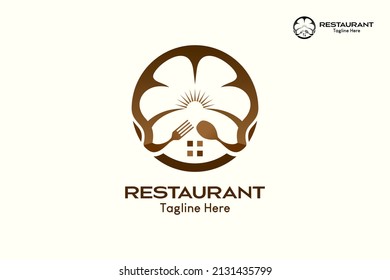 Logotipo del restaurante con un concepto creativo, icono del sombrero del chef en forma de flor combinado con una cuchara y un tenedor en círculo. Prima de vector