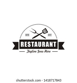 Restaurant logo with a crossing cooking symbol. With retro or vintage style