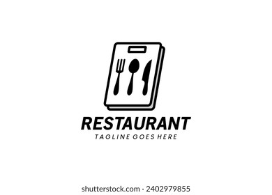 Restaurant logo with cutlery and cutting board vector silhouette symbol