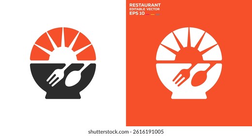 Restaurant logo. Cutlery, sun, breakfast. Vector icon symbol design template EPS 10.