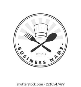 Restaurant logo design with chef hat and fork, spoon icon vector, chefs logo emblem, cooking logo
