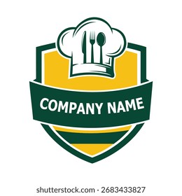 Logo-Design mit Kochmütze, Besteck und Schild-Emblem