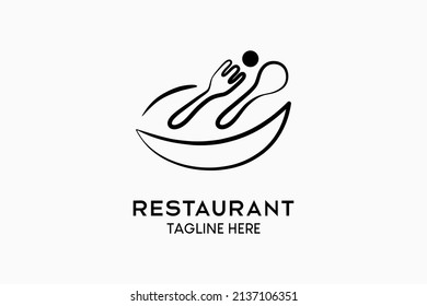 Restaurant logo design with creative hand drawing concept, spoon, fork and bowl icon. Modern vector illustration