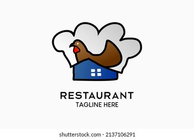 Diseño del logo del restaurante con un concepto creativo dibujado a mano, un icono del pollo con un icono de la casa combinado con un sombrero de chef. Ilustración vectorial moderna