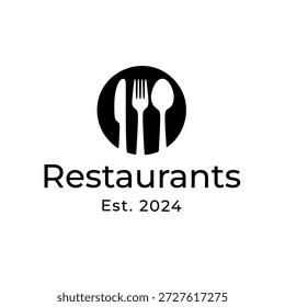 Design de logotipo de restaurante com talheres e ano de estabelecimento
