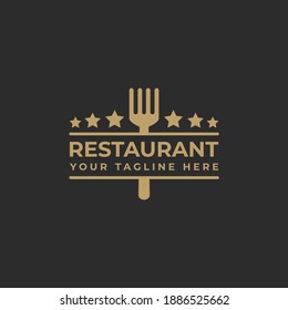 Restaurant Logo Design With Fork Icon and Stars Decoration in Luxury and Elegant Style