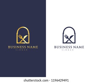 Restaurant Logo Design, Fork and Knife vector template, Luxury gold for food business