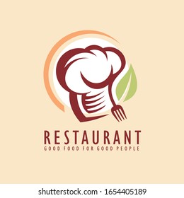 Restaurant logo design idea with chef hat, fork graphic and leaf shape. Food and drinks symbol concept. Cooking and eating vector logo template.