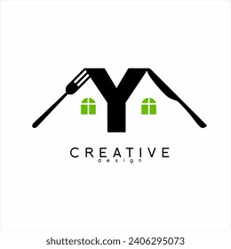 Restaurant logo design. Illustration of a house with a fork, knife and letter Y.