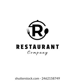 Restaurant logo design letter r with spoon, fork and cuisine vector design concept idea