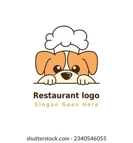 Restaurant logo design and mascot colorful illustration, including cartoon, chef, food, cute dog and hat