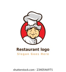 Restaurant logo design and mascot colorful illustration, including cartoon chef old lady, grandma and hat