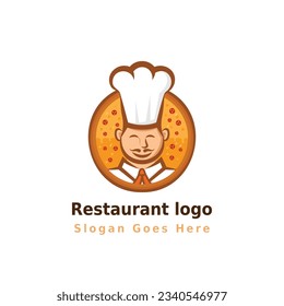 Restaurant logo design and mascot illustration, including chef, man, pizza and hat colorful illustration