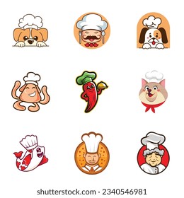 Restaurant logo design and mascot illustration bundle, including chefs and animals like men and women