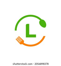 Restaurant Logo Design On Letter L With Spoon And Fork Concept Template. Kitchen Tools, Food Icon. Cooking Logo, Bbq Sign, Grill Fork With Letter L 