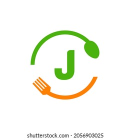 Restaurant Logo Design On Letter J With Spoon And Fork Concept Template. Kitchen Tools, Food Icon. Cooking Logo, Bbq Sign, Grill Fork With J Letter Vector