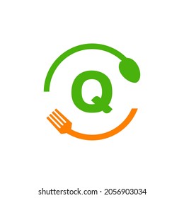 Restaurant Logo Design On Letter Q With Spoon And Fork Concept Template. Kitchen Tools, Food Icon. Cooking Logo, Bbq Sign, Grill Fork With Q Letter Vector