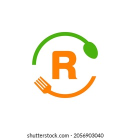 Restaurant Logo Design On Letter R With Spoon And Fork Concept Template. Kitchen Tools, Food Icon. Cooking Logo, Bbq Sign, Grill Fork With R Letter Vector