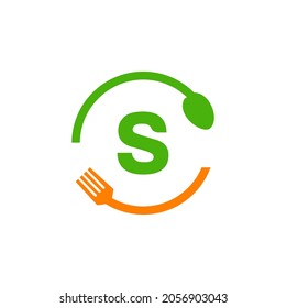 Restaurant Logo Design On Letter S With Spoon And Fork Concept Template. Kitchen Tools, Food Icon. Cooking Logo, Bbq Sign, Grill Fork With S Letter Vector