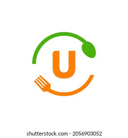 Restaurant Logo Design On Letter U With Spoon And Fork Concept Template. Kitchen Tools, Food Icon. Cooking Logo, Bbq Sign, Grill Fork With U Letter Vector