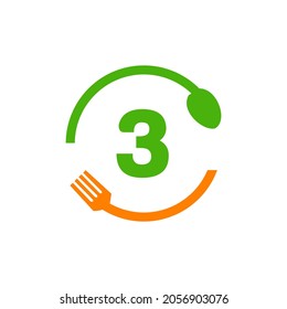Restaurant Logo Design On Letter 3 With Spoon And Fork Concept Template. Kitchen Tools, Food Icon. Cooking Logo, Bbq Sign, Grill Fork With 3 Letter Vector