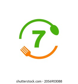 Restaurant Logo Design On Letter 7 With Spoon And Fork Concept Template. Kitchen Tools, Food Icon. Cooking Logo, Bbq Sign, Grill Fork With 7 Letter Vector