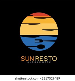 Restaurant logo design with sunset concept. Illustration of sunset with knife, spoon and fork.
