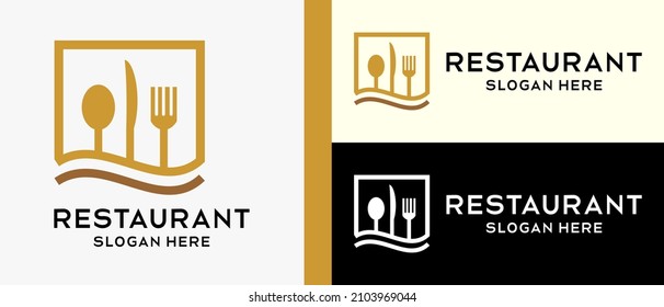 restaurant logo design template, spoon, knife and fork in grid lines. vector illustration