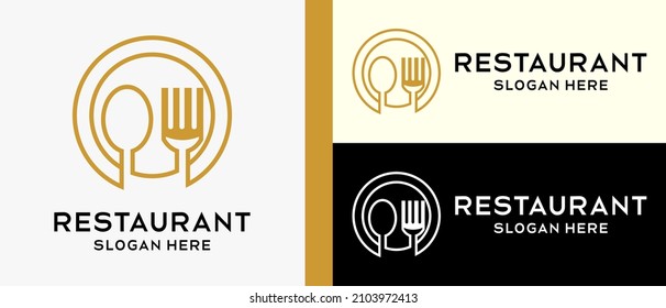 restaurant logo design template, spoon and fork with fancy lines in circle. vector illustration