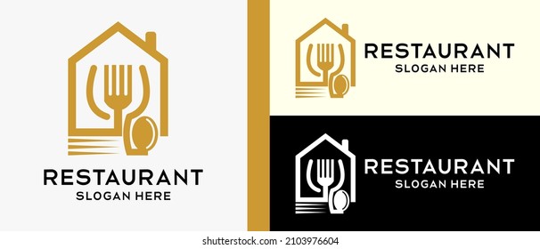 Restaurant logo design template, spoon, glass and fork in home icon with luxury line style. vector illustration