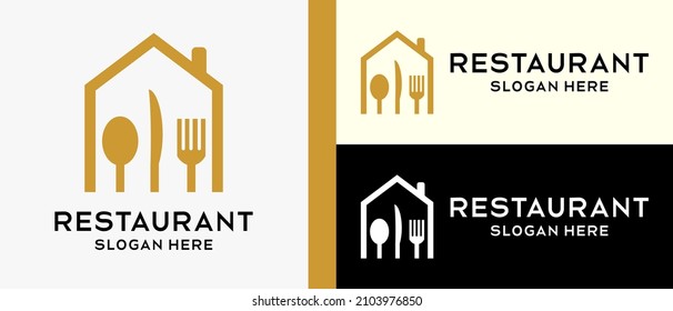 restaurant logo design template, spoon, knife and fork in a house icon. vector illustration