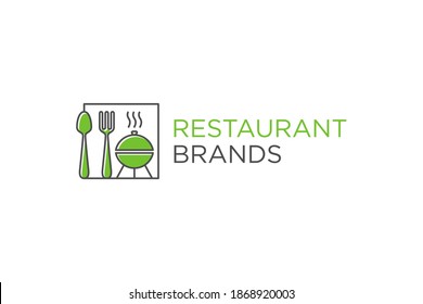 Elemento de diseño del logotipo del restaurante, tenedor de cuchara e icono de parrilla identidad de marca moderna minimalista.