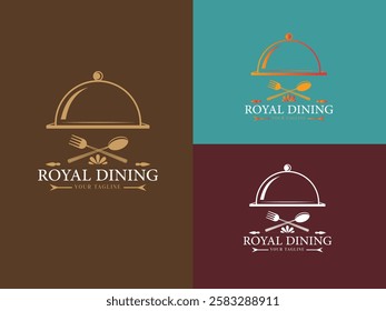 Restaurant Logo Design Variations: A set of four sophisticated restaurant logo variations featuring a silver cloche, crossed cutlery, and the text "Royal Dining.