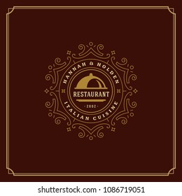 Restaurant logo design vector illustration. Tray silhouette, good for restaurant menu and cafe badge. Vintage typography emblem template.