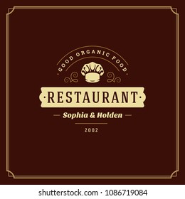 Restaurant logo design vector illustration. Chef hat silhouette, good for restaurant menu and cafe badge. Vintage typography emblem template.